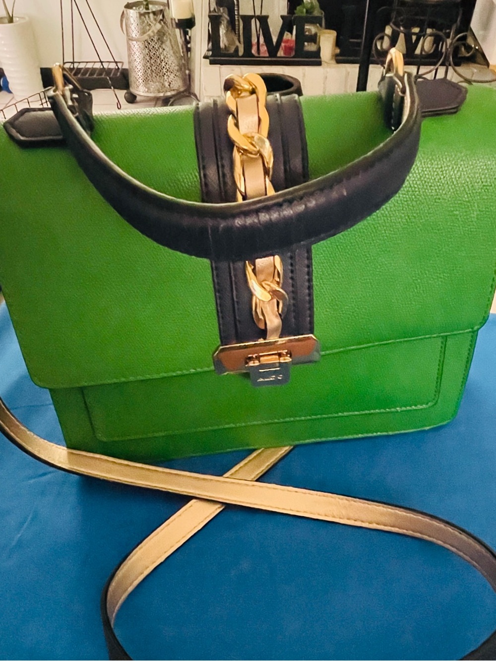 Aldo Green Crossbody Bag with Black Trim and Gold Chain